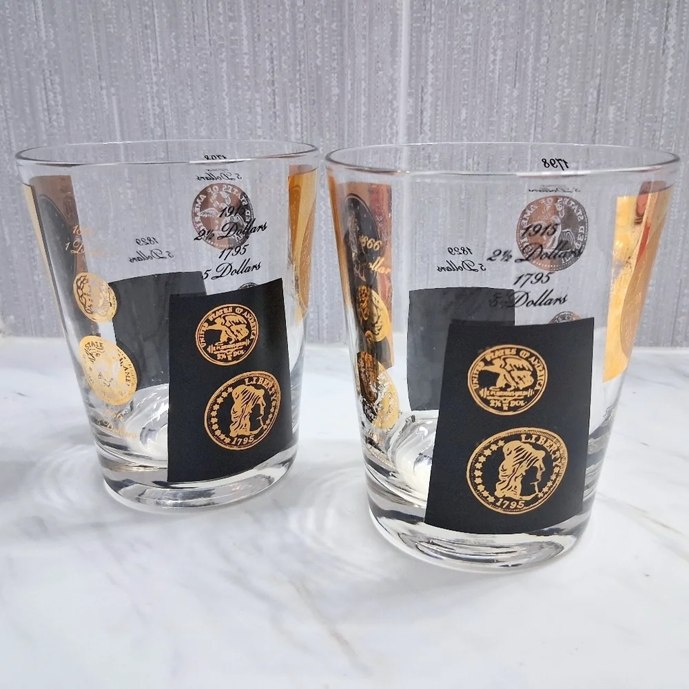 Vintage Cera US Coins Double Old Fashioned Glasses 22k Historical Barware Pair